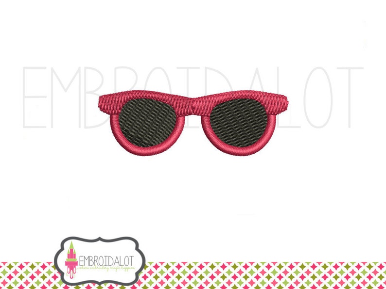 May include: Embroidered sunglasses with a vibrant pink frame and dark lenses. The design features a detailed stitch pattern, perfect for apparel or accessories. The image includes the "EMBROIDALOT" logo.