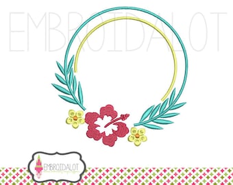 花のモノグラム フレーム刺繍。ハイビスカスの刺繍デザイン。夏の刺繍のダウンロード。女の子の刺繍。夏のモノグラム。