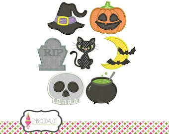Halloween applique embroidery design set. Cute assorted Halloween embroidery designs 4 sizes. Black cat, cauldron, gravestone applique