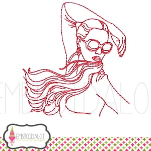 Könnte beinhalten: Linienkunst-Stickerei-Design einer Frau mit langen Haaren, die eine Sonnenbrille trägt. Das Design ist in rotem Garn.