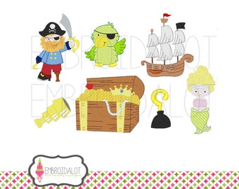 Pirate embroidery designs. Such cute pirate machine embroidery with ship, parrot treasure, chest and mermaid embroidery 4 x 4 and 5x7 size.