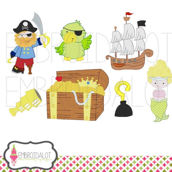 Motifs de broderie pirates. Une telle broderie à la machine pirate mignonne avec un bateau, un trésor de perroquet, une broderie de poitrine et de sirène 4 x 4 et 5 x 7.