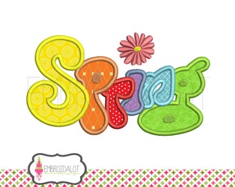 Spring applique embroidery design. Colourful retro spring embroidery design. Word art embroidery very groovy embroidery.