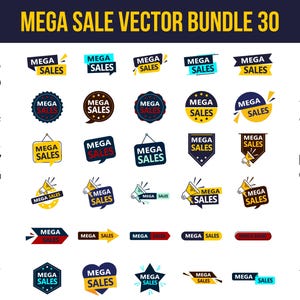 May include: A set of 30 vector graphics for sale, featuring various designs of the phrase "Mega Sales" in different colors and styles. The graphics are arranged in a grid with a list of file types on the left and right sides of the grid.