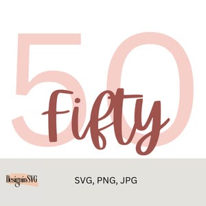 Può includere: Un design grafico rosa e marrone con il numero 50 e la parola "fifty" in un font corsivo.
