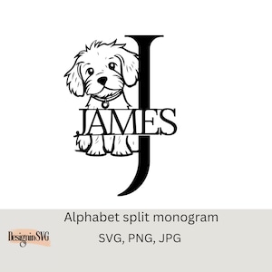 Può includere: Illustrazione in bianco e nero di un cane con il nome "JAMES" diviso attorno alla lettera "J".