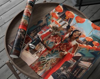 Singapore Culture Wrapping Paper, Festive Gift Wrap, Lunar New Year Celebration, Red Lantern Designs, Elegant Gift Packaging