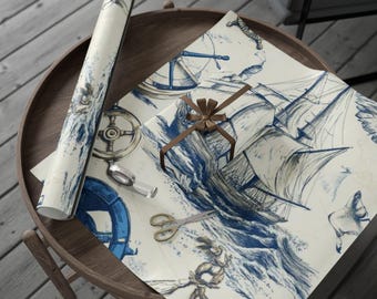 Rouleau de papier cadeau Nautical Notions - Parfait pour les cadeaux, les fêtes, les thèmes nautiques, les amoureux de la mer, la décoration de l'océan, les emballages d'anniversaire, les cadeaux