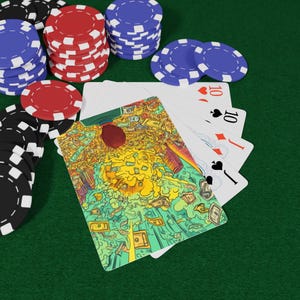 May include: Poker chips in black, red, and blue are stacked on a green felt surface. A hand of cards shows the ten of hearts, diamonds, spades, and clubs. A card with a colorful illustration of money and a red seal is also visible.