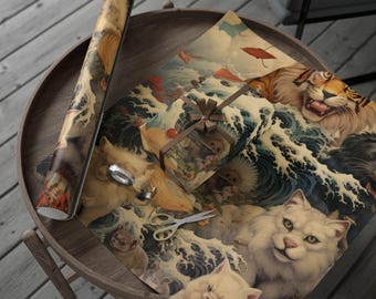 Japanese Animals Wrapping Paper, Cute Gift Wrap for Birthdays, Holidays, Cat Lover Gifts, Unique Party Decor, Eco-Friendly Paper