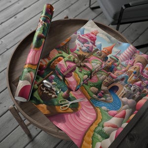 May include: A roll of colorful wrapping paper and a wrapped gift with a brown ribbon sit on a wooden table. The paper and gift feature a whimsical candy land design with pink, green, and blue hues. Scissors are also on the table.