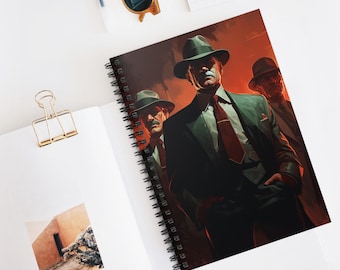 May include: Spiral-bound notebook featuring an illustration of three men in suits and fedora hats. The artwork has a vintage, noir style with a red and orange background. The men are in dark suits with red ties, and the notebook has a black spiral binding.