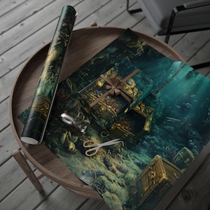 Papel de regalo de búsqueda del tesoro submarino, papel de regalo náutico para cumpleaños, festividades, ocasiones especiales, sumérgete en la aventura, paquete único