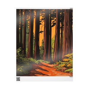 Papier pakowy Redwood Forest Wrapping Paper Roll, Ekologiczne opakowanie na prezenty, Grafika leśna, Niepowtarzalne opakowanie świąteczne, Estetyka rustykalna, Opakowanie kalifornijskie