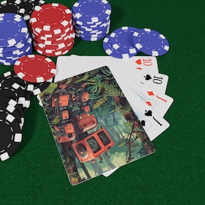 May include: A deck of playing cards with a jungle-themed illustration and stacks of poker chips in red, blue, and black on a green felt surface. The cards show the number 10 in various suits.