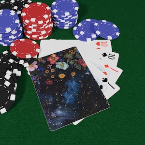Speelkaarten met bloemen sterrenbeelden - kaartspel met hemelse bloemen, kaarten met botanische kunst Sterrennacht, pokerset kosmische natuur, pokernacht