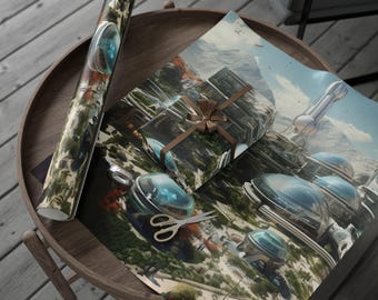 Space Colonies Wrapping Paper, Sci-Fi Gift Wrap for Space Lovers, Unique Holiday Packaging, Birthday or Celebration, Eco-Friendly Design