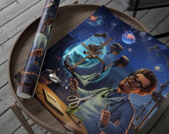 May include: Rolled-up poster and a flat print featuring a whimsical illustration of a scientist in a lab coat, surrounded by fantastical elements. The print is decorated with a brown ribbon and bow. The color palette includes blues, browns, and whites.