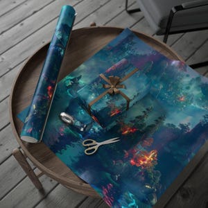 Papier do pakowania Mystical Islands, Fantazyjne opakowanie na prezenty, Ekologiczne opakowanie na prezenty, Niepowtarzalne opakowanie na święta, Opakowanie inspirowane naturą