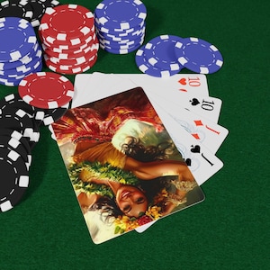 Carte da gioco con ballerini di hula - Mazzo di carte con cultura hawaiana, illustrazioni di danze tropicali, carte Island Spirit e Aloha, serata di giochi, serata di poker