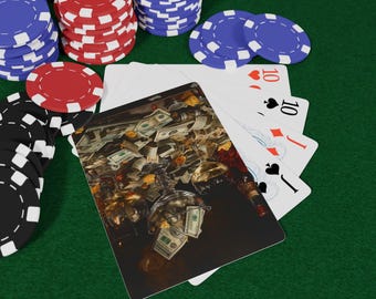 May include: Poker-themed image featuring stacks of red, blue, and black poker chips, playing cards, and a card with an image of money and glasses. The playing cards show a ten of hearts, ten of spades, and a jack of spades. The background is a green felt surface.