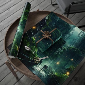 Cybernetic Jungle Wrapping Paper, Futuristic Gift Wrap for Birthdays, Holidays, Sci-Fi Enthusiasts, Unique Packaging Wrapping Paper
