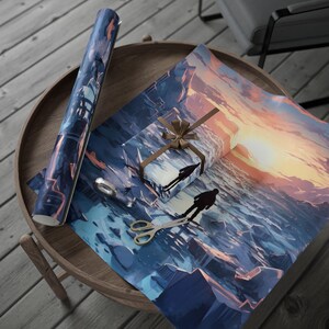 May include: A roll of blue and orange landscape-themed wrapping paper and a wrapped gift with a brown ribbon sit on a wooden table. Gold scissors and tape are also on the table. The gift and paper feature a silhouette of a person.