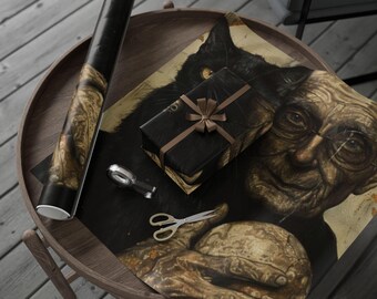 Papel de regalo con temática de supersticiones, papel de regalo único para Halloween, estilo vintage, papel ecológico, regalo para amantes de los gatos, papel de regalo
