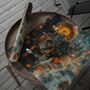 Time Shifted Town Wrapping Papers for Gifts, Unique Decorative Gift Wrap, Vintage Clock Design Paper, Holiday Gift Wrapping, Eco-Friendly