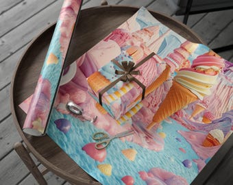 Inpakpapier Ice Cream Land - Thema zoete traktatie, zomer verjaardag wrap, cadeaupapier dessertliefhebber, pastelfeest, leuk kinderontwerp.