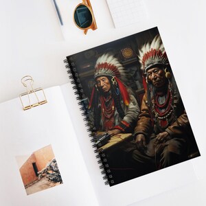 May include: Spiral-bound notebook featuring a detailed illustration of two Native American men in traditional headdresses and attire. The image showcases rich colors and textures, with the men seated at a table. The notebook is open on a white surface with a gold paper clip.