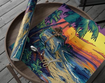 Papel de regalo con atardecer en Cayo Hueso: papel de regalo tropical, silueta de playa, ambiente isleño, arte de viajes a Florida, decoración costera, papel de regalo navideño
