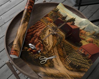 Inpakpapier boerderij seizoenen, cadeauverpakking boerderij, seizoensdecor, vakantieverpakking, op de natuur geïnspireerd papier, milieuvriendelijke cadeauverpakking