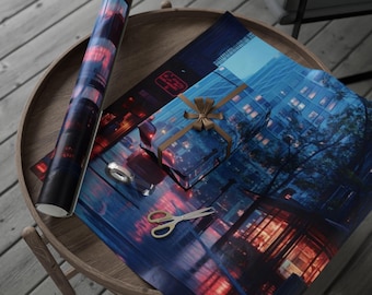 City Mornings Wrapping Paper, Modern Gift Wrap, Stylish Present Wrap, Unique Party Supplies, Rainy City Design, Fun Wrapping Paper