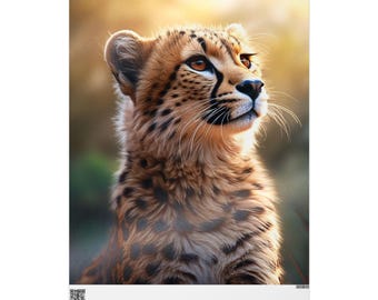 May include: A framed print of a cheetah cub's face. The cub has a light brown coat with black spots and amber eyes. The background is blurred, with green and gold tones. The print is rectangular.