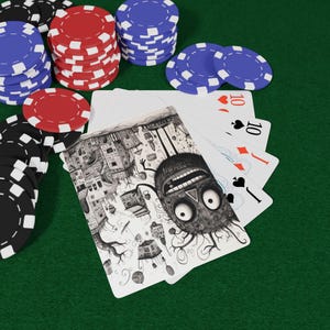 Juego de cartas de póker Wild Doodles, regalo único para gamers, imprescindible para una noche de juegos, diseño personalizado, cartas con temática en blanco y negro.