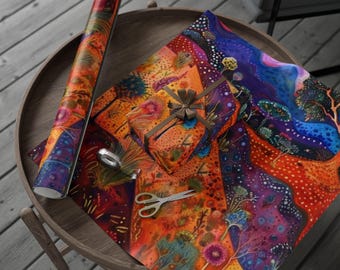 Australisches Dreamtime Geschenkpapier, bunte Geschenkverpackung im Boho-Stil, künstlerische Geschenkverpackung, umweltfreundliches Papier, Kunstdrucke