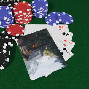 Speelkaarten berghutten - Scenic Retreat-deck, gezellig uitzicht op de hut, rustieke ontsnappingskaarten in de bergen, pokeravond, game-avond, kaartspel
