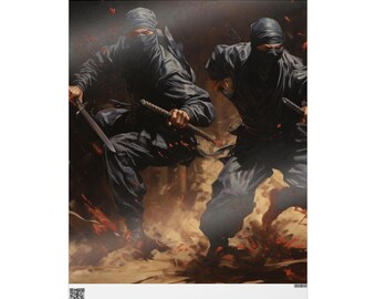 Puede incluir: Póster con dos ninjas vestidos de negro, corriendo con espadas desenvainadas. La obra de arte tiene una composición dinámica centrada en la acción y el movimiento. El fondo es una mezcla de colores cálidos, sugiriendo un entorno intenso.