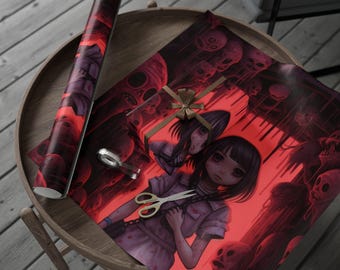 Kawaii Horror Wrapping Paper, Creepy Gift Wrap, Unique Horror Aesthetic, Dark Fantasy Decor, Spooky Occasions, Halloween Decor