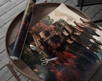 Papel de regalo de arquitectura japonesa, papel de regalo de templo japonés, papel de regalo ecológico, papel de regalo artesanal único, para fiestas y cumpleaños.