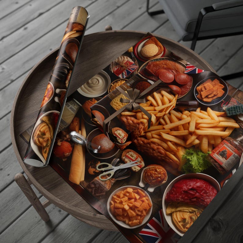 Großbritannien Essen Geschenkpapier, festliche Geschenkverpackung, einzigartiges Papier zum Thema Essen, Urlaub Verpackung Zubehör, Partydekoration, britische Kultur Bild 1