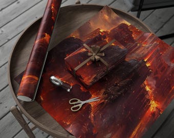May include: A roll of gift wrap and a wrapped gift with a brown ribbon sit on a wooden table. The gift wrap and wrapping paper feature a fiery, volcanic landscape design in shades of red, orange, and brown. Scissors and a tape dispenser are also on the table.