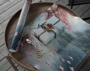 Papel de regalo con escenas tranquilas, papel de regalo, papel de regalo ecológico, papel de flor rosa, papel de regalo para cumpleaños o festividades, papel de regalo