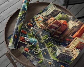 Isometric Cityscapes Wrapping Paper, Unique Gift Wrap for Birthdays, Holidays, Events, Modern Design, Eco-Friendly Paper