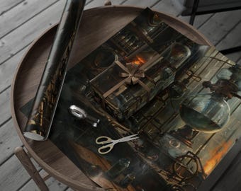 May include: A roll of wrapping paper and a wrapped gift with a bow, both displaying a steampunk design with laboratory equipment and machinery. Scissors and a silver tape dispenser are on the table.