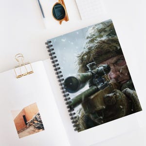 Sniper Scope Spiral Notebook - Outdoor Enthusiast Journal, Military-Themed Notepad, Gift for Hunters, Adventure Log, Snowy Landscape Design