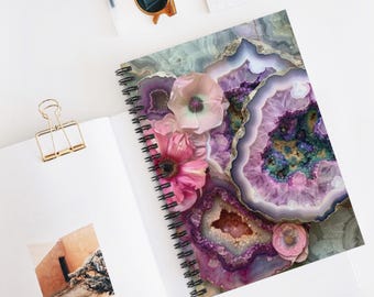 Floral Geodes Spiral Notebook, Artistic Journal, Floral Diary, Home Office Supplies, Gift for Nature Lovers, Fun Sketchbook, Fantasy Journal