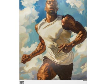 Puede incluir: Impresión artística de una persona corriendo, sobre un fondo de cielo azul con nubes blancas. La persona lleva una camiseta sin mangas blanca y pantalones cortos oscuros. La imagen transmite una sensación de movimiento y determinación.