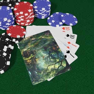 May include: A poker game scene with stacks of red, blue, and black poker chips on a green felt surface. Playing cards are fanned out, with a fantasy art card face up. The cards show the ten of hearts, ten of diamonds, ten of spades, and jack of clubs.